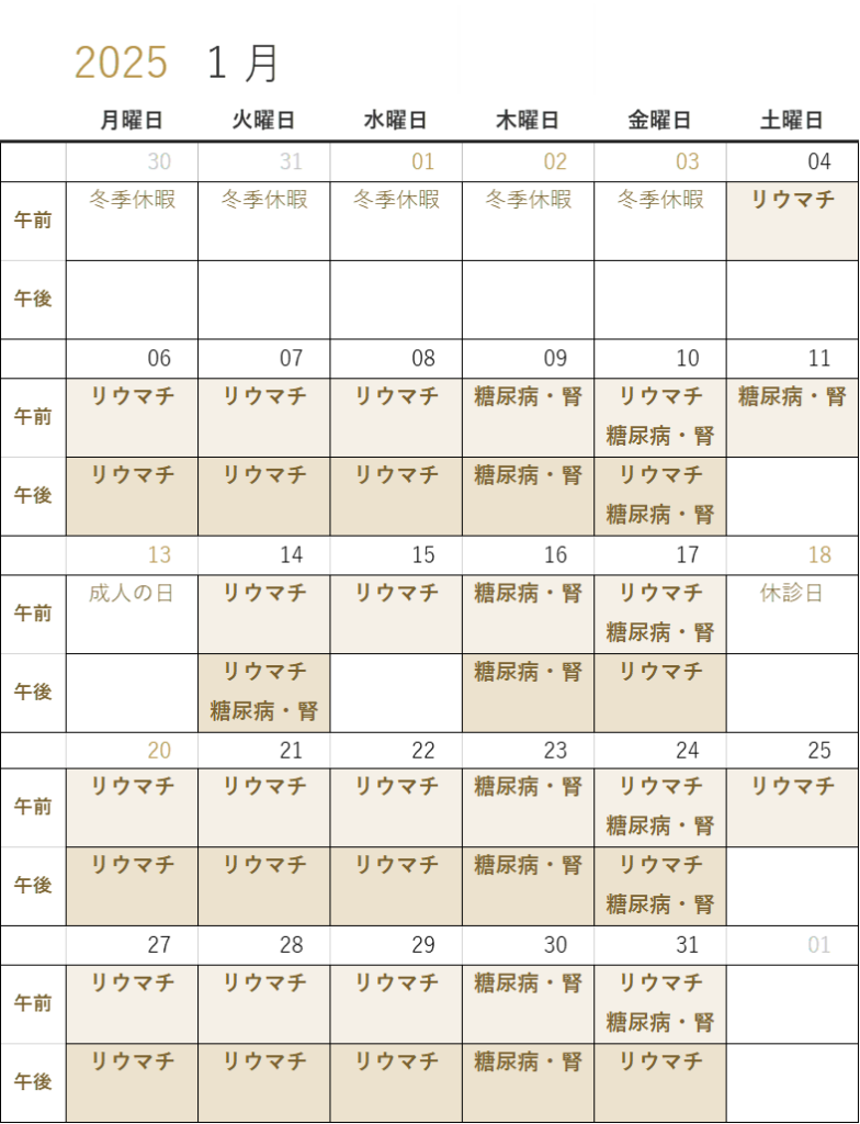 2025年1月の外来医師担当の予定