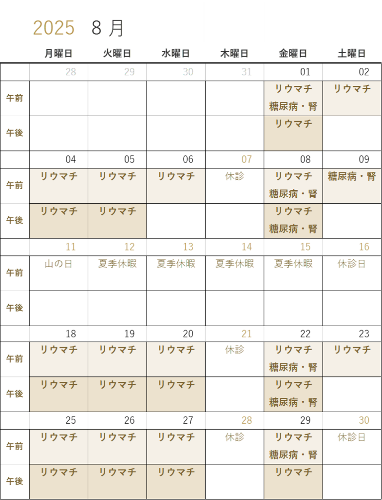 2025年8月の外来医師担当の予定